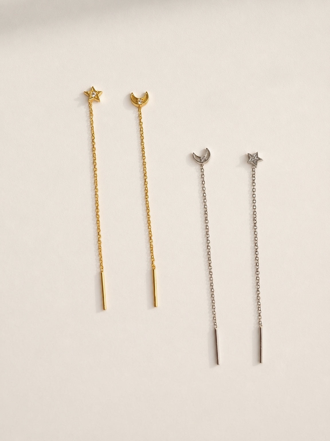 Moon and star threader earrings in 925 sterling silver with CZ.