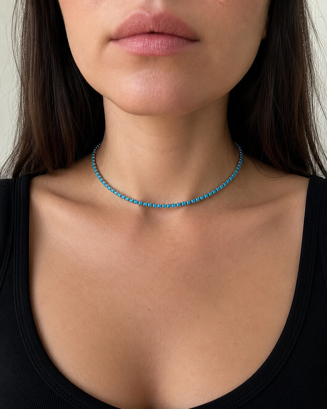 Turquoise tennis choker necklace in 18K gold plating.