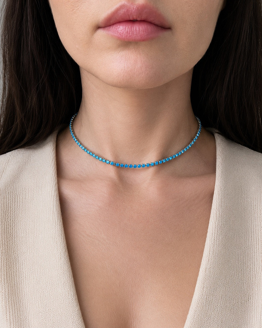 Waterproof turquoise tennis necklace in gold.