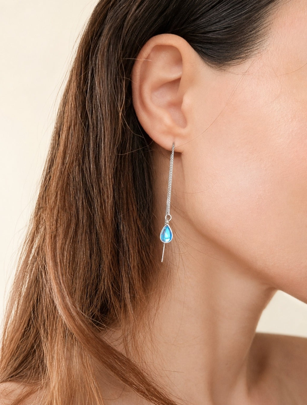 Silver moonstone threader earrings crafted from 925 sterling silver with blue moonstone drops.