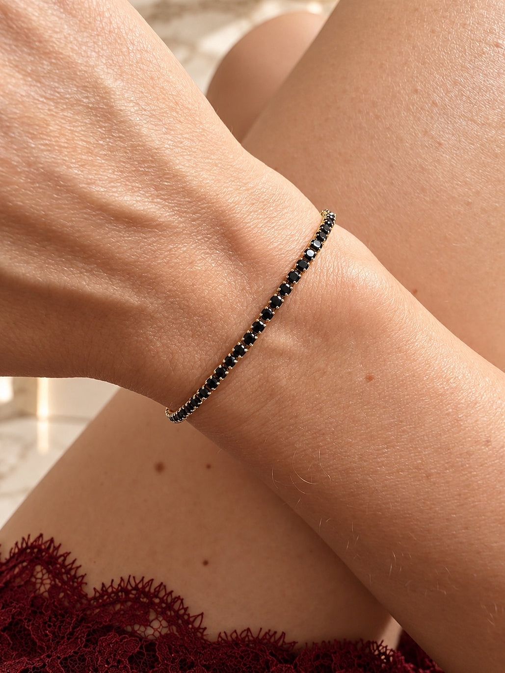 Tennis black onyx bracelet womens 14K gold plated adjustable bolo