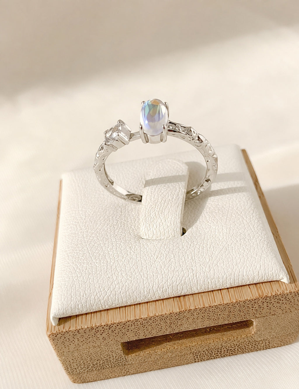 Rainbow Moonstone Ring 18K Gold Plated Adjustable Hammered 925 Sterling Silver Gift for Her