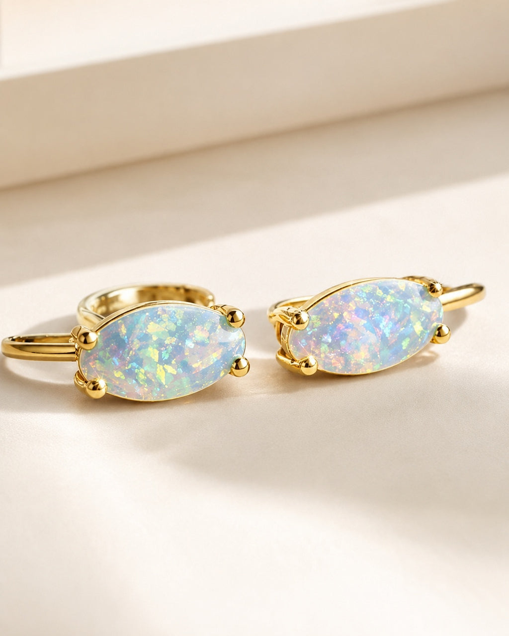 Marquise Opal Huggie Earrings 14K Gold Plated Silver Plated October Birthstone