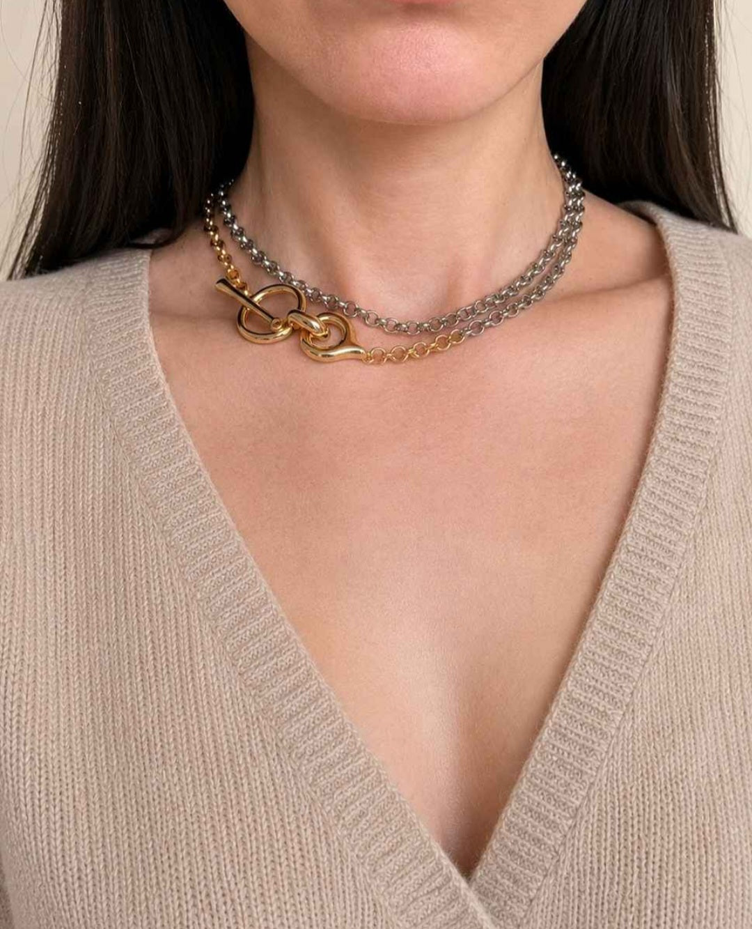 Women's 18K gold-plated two-tone toggle necklace for everyday wear.