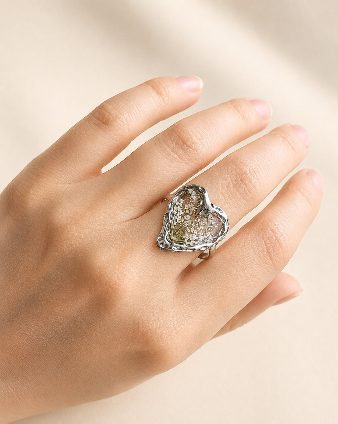 Pressed Flower Resin Ring Chunky Heart 18K Gold Plated Adjustable Gift