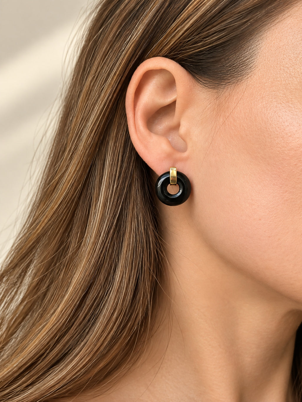 14K gold plated black agate gemstone earrings
