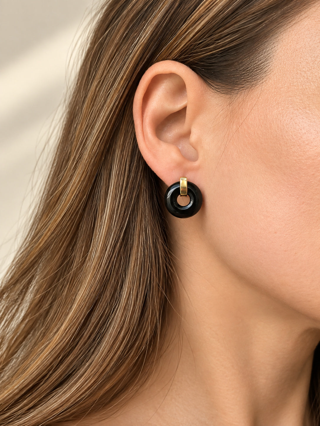 14K gold plated black agate gemstone earrings