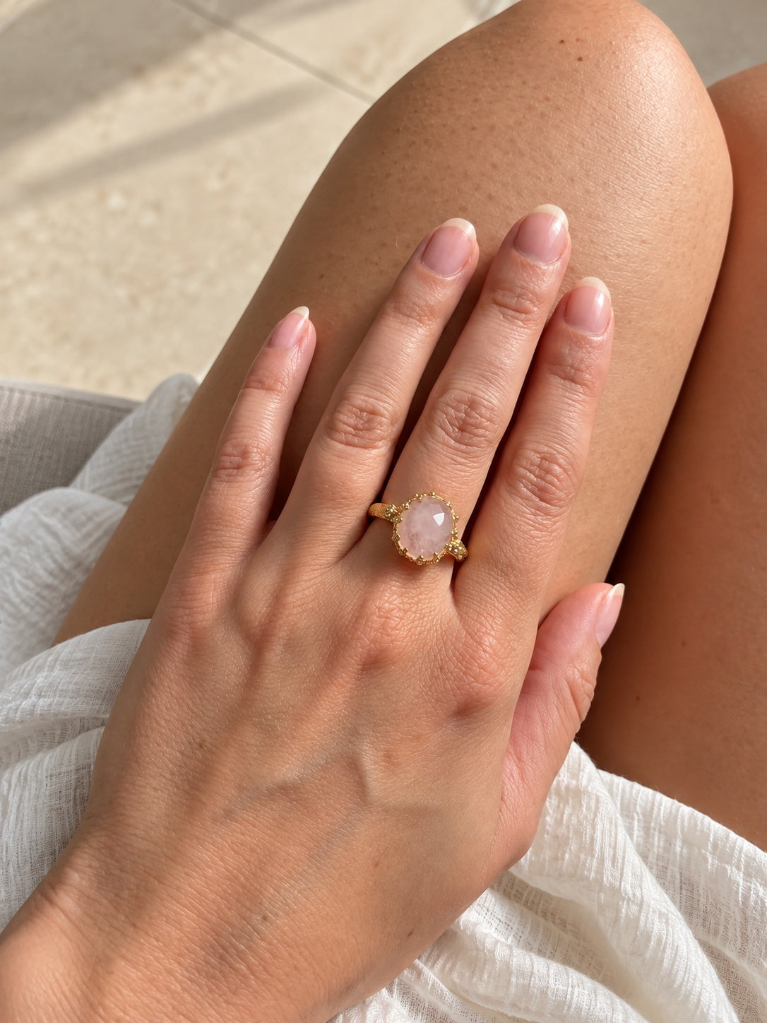 Natural gemstone jewelry ring with rose quartz and peridot