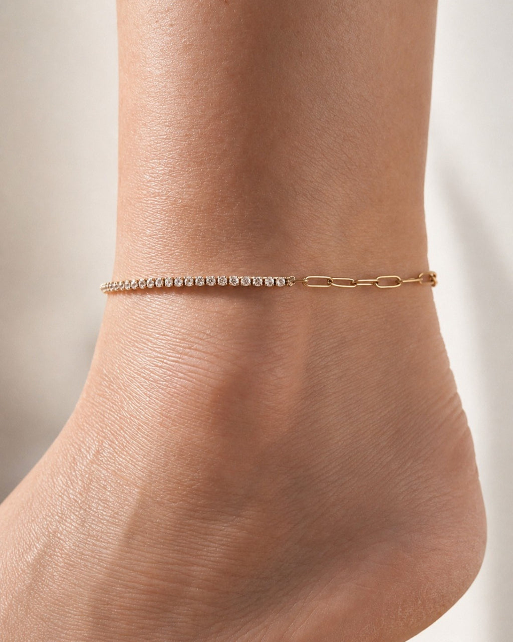 18K gold-plated anklet with a CZ tennis chain and paperclip link design.