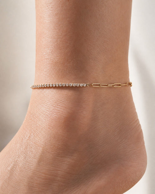 18K gold-plated anklet with a CZ tennis chain and paperclip link design.