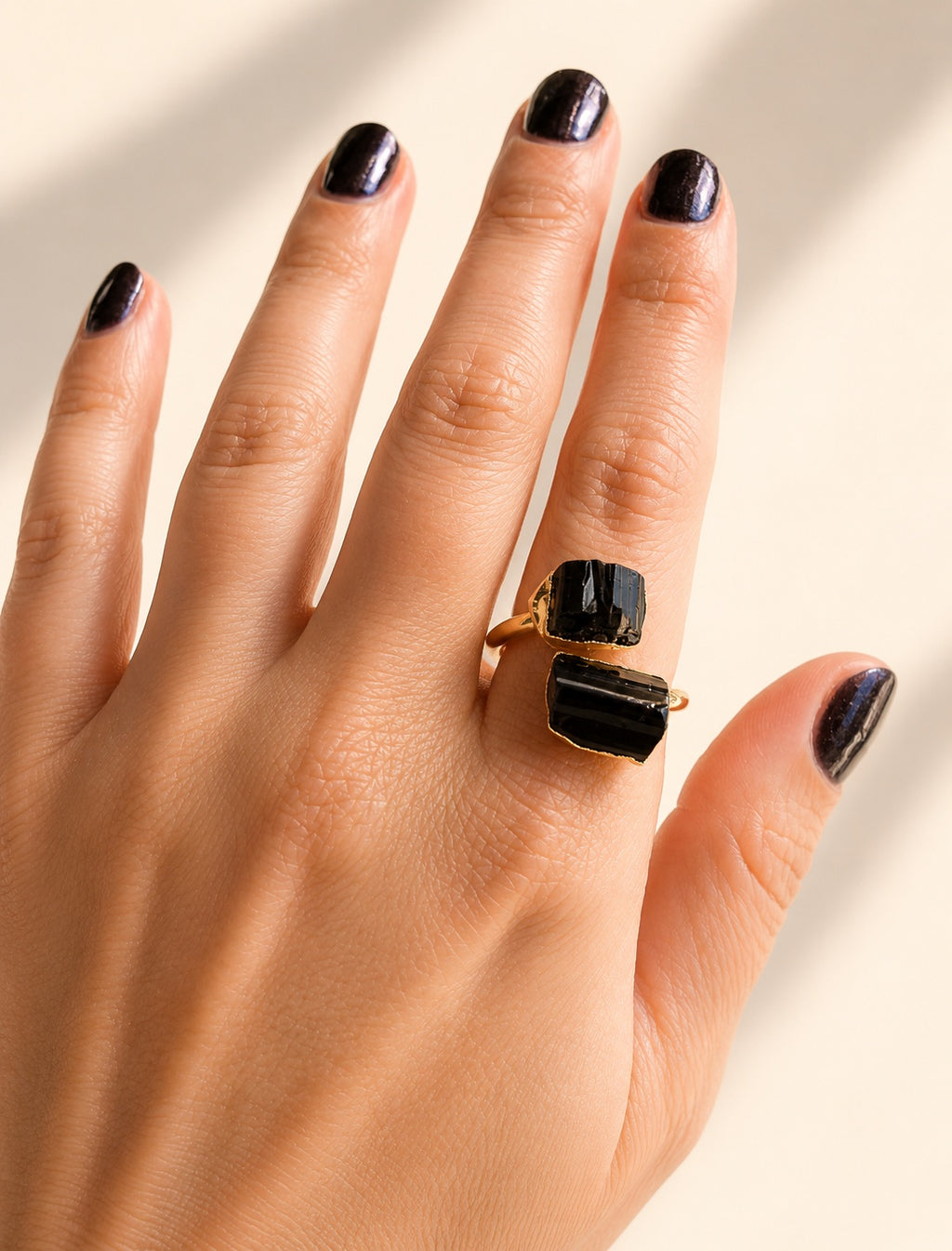 Chunky black tourmaline ring with a natural crystal and 14K gold-plated finish.