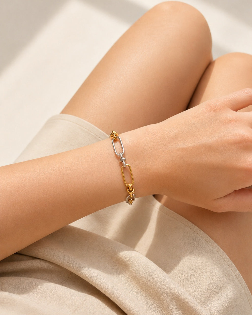 Waterproof stainless steel mixed metal bracelet.