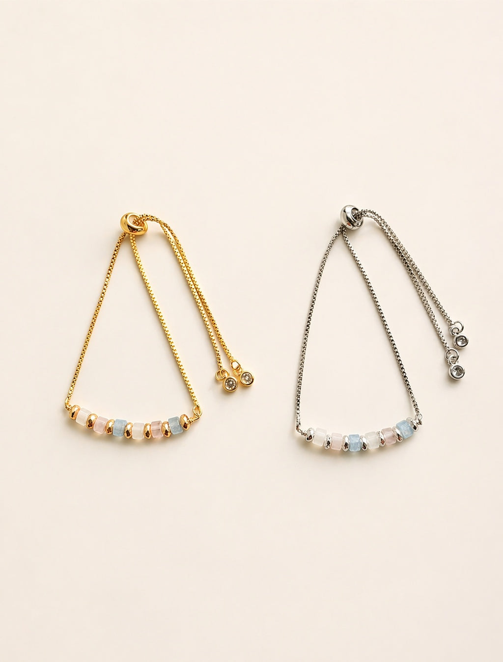 Adjustable fertility bracelet featuring Moonstone, Aquamarine, or Rose Quartz gemstones.