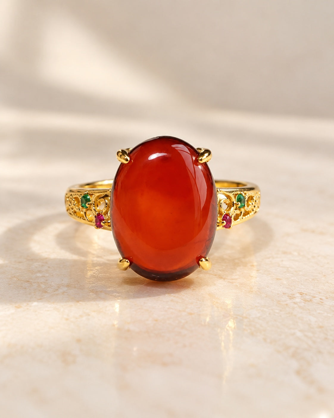 Natural amber ring 18K gold plated adjustable