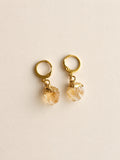 Minimalist raw crystal hoop earrings available in aquamarine, citrine, moonstone, and peridot.