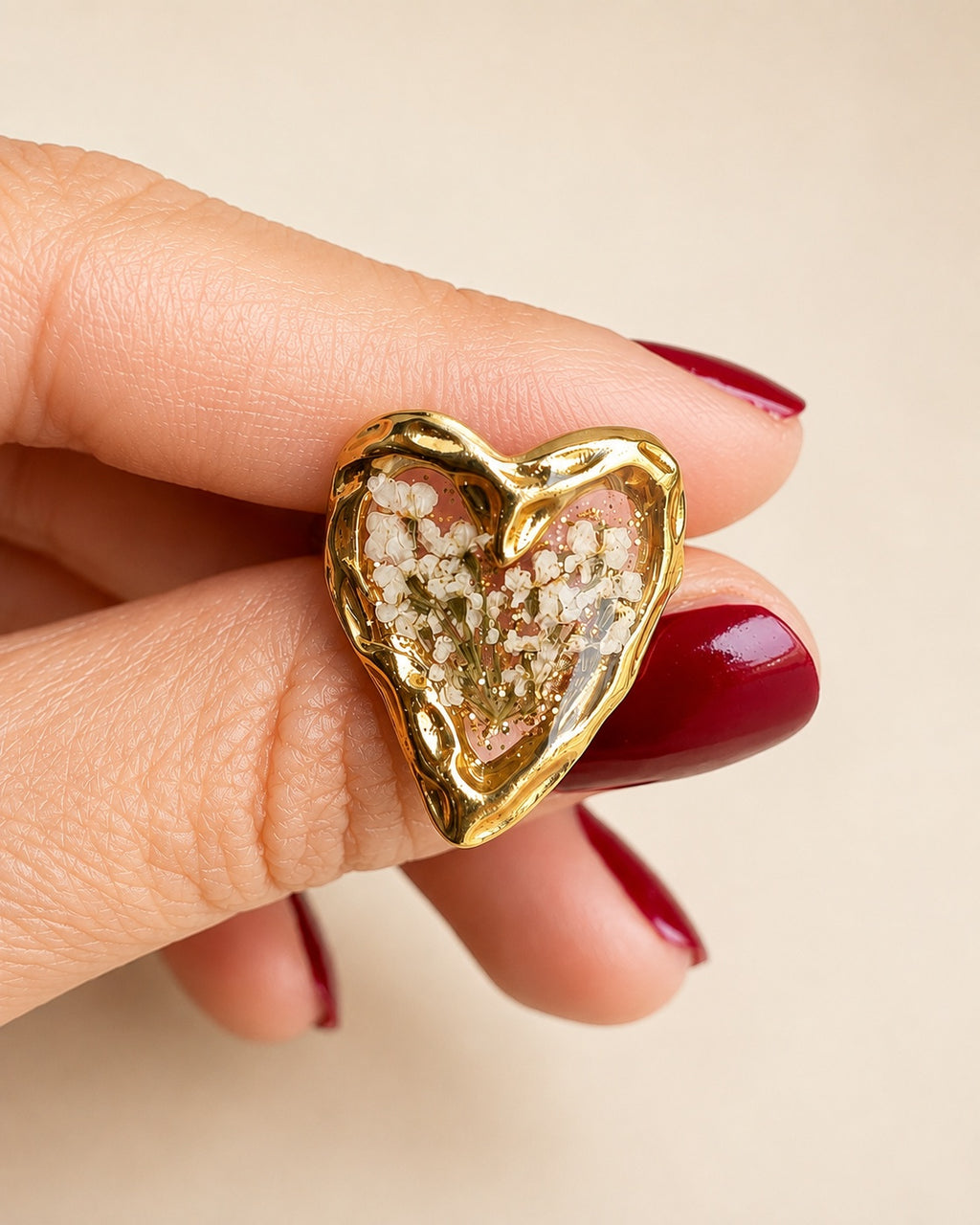Pressed Flower Resin Ring Chunky Heart 18K Gold Plated Adjustable Gift