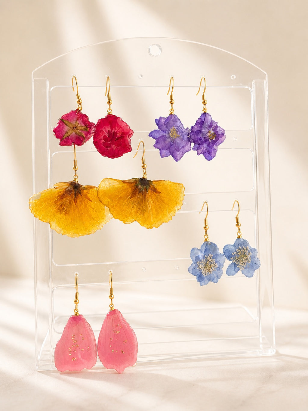14K gold-plated botanical earrings with natural preserved flowers.