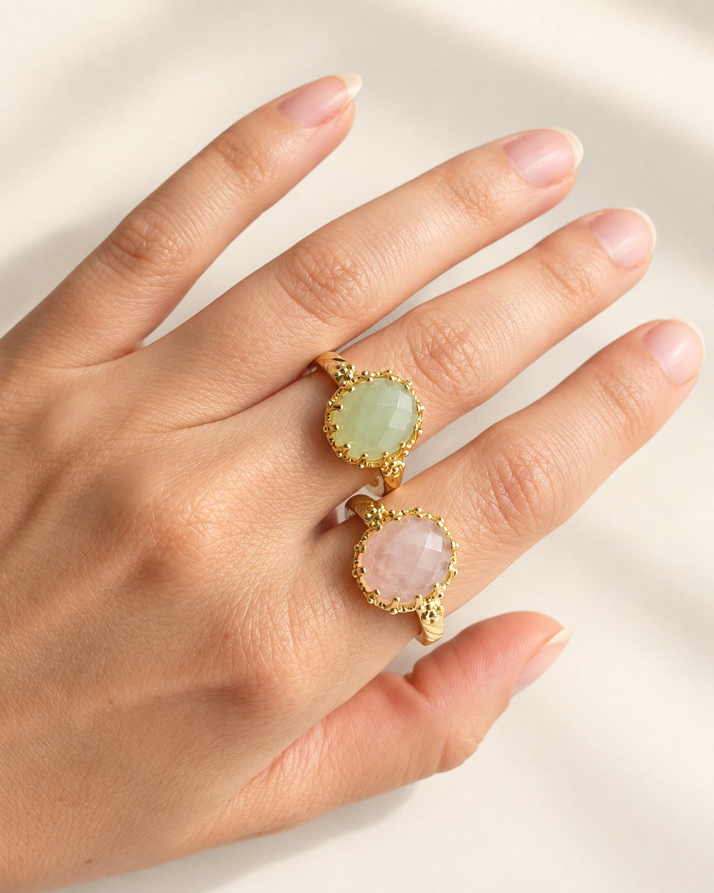 Natural rose quartz and peridot ring with 18K gold plated finish