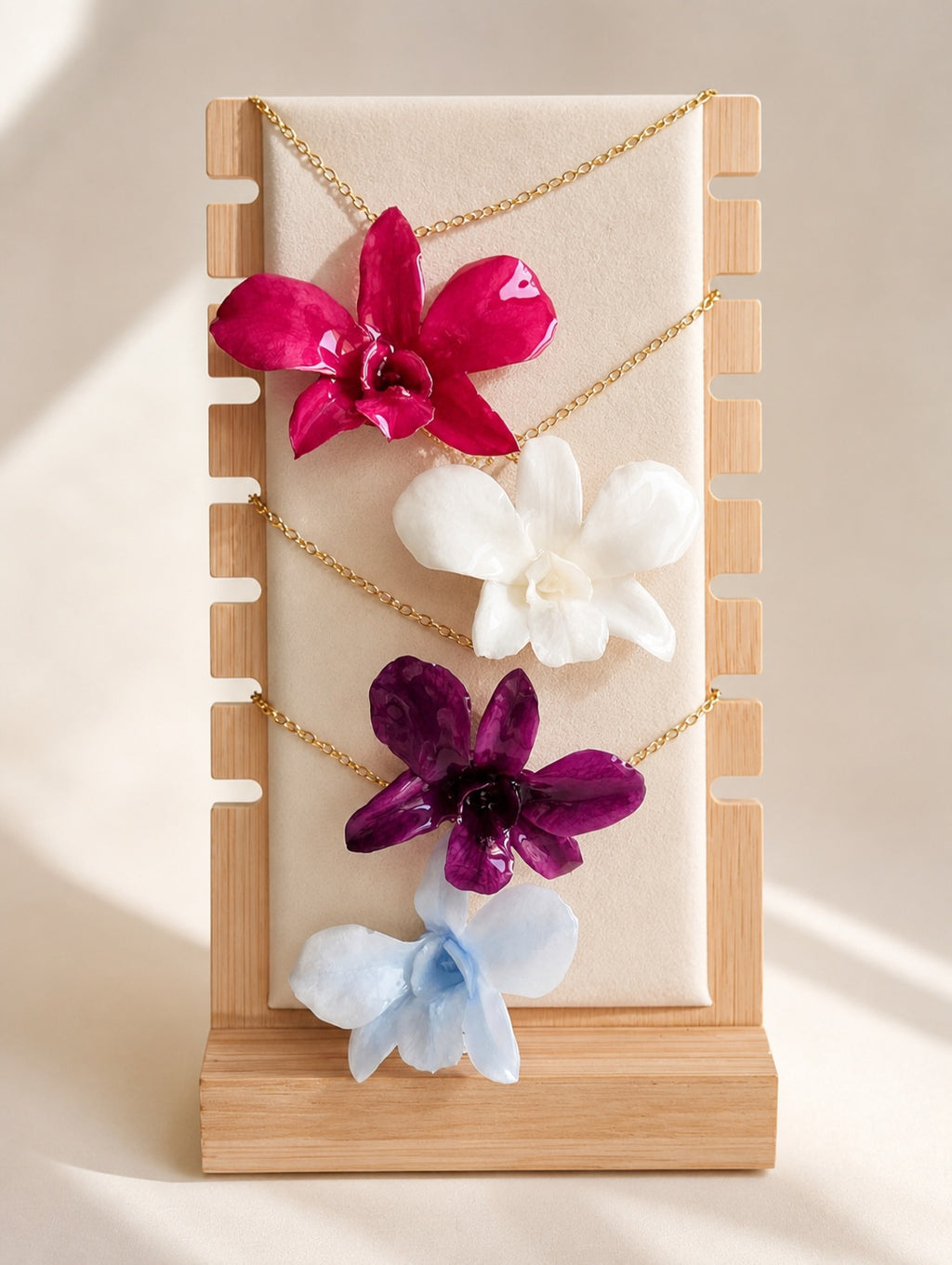 Real orchid flower necklace with a genuine preserved orchid on an 18K gold-plated chain.