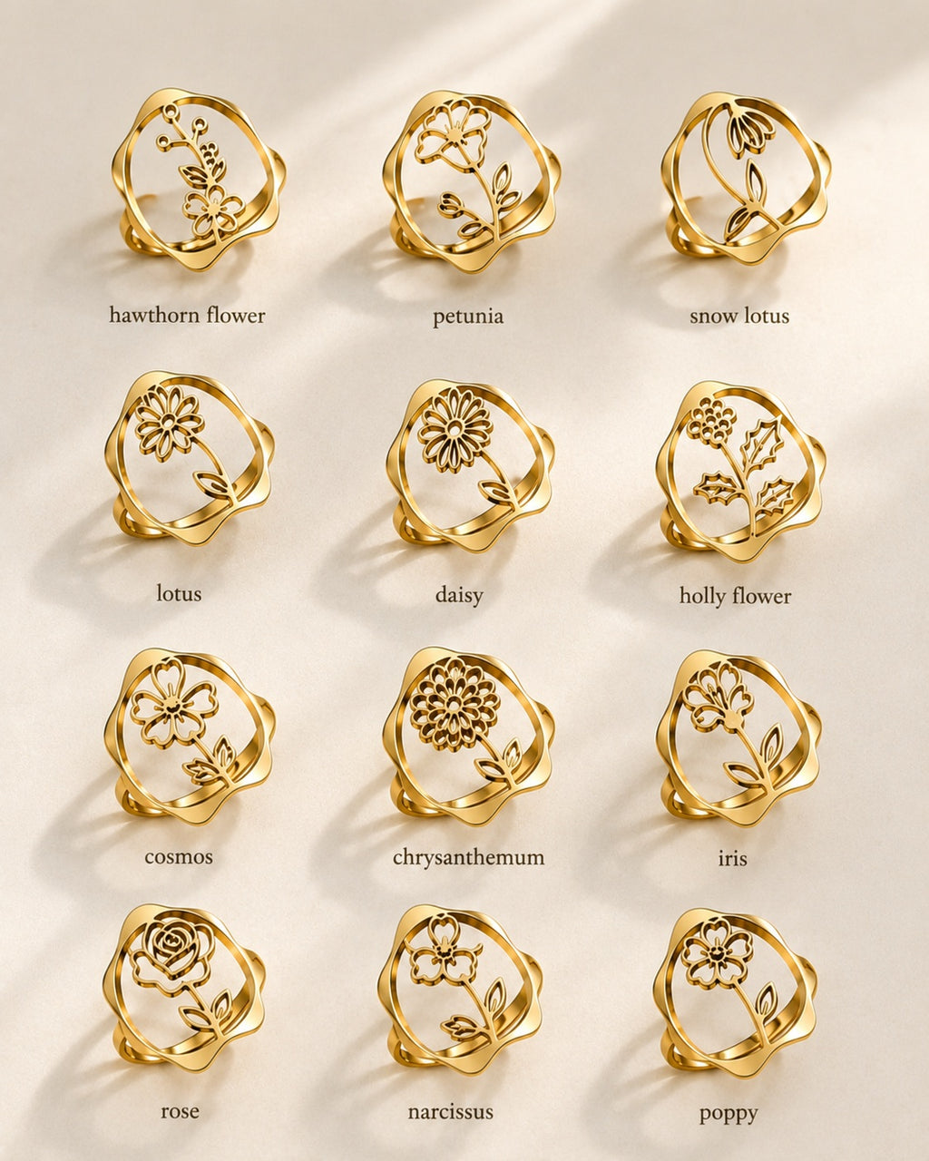 Chunky birth flower ring with 18K gold plating and an adjustable stainless steel band.