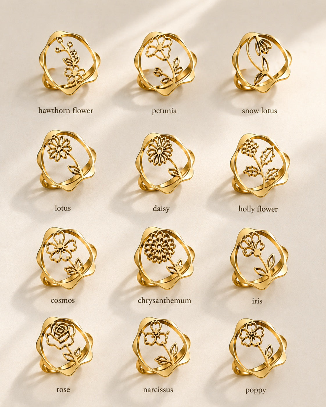Chunky birth flower ring with 18K gold plating and an adjustable stainless steel band.