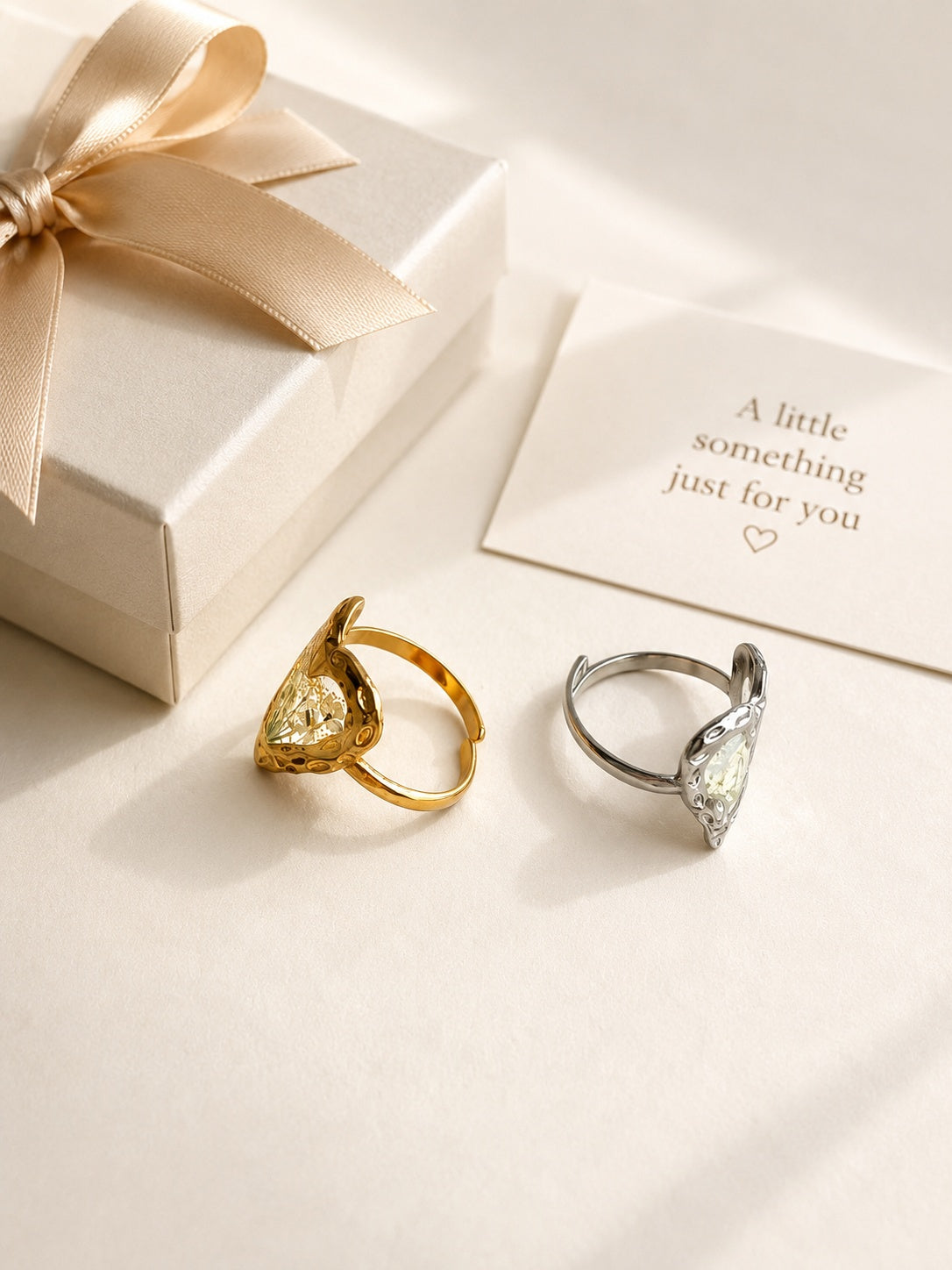 Botanical heart statement ring with real pressed flowers and polished gold finish.