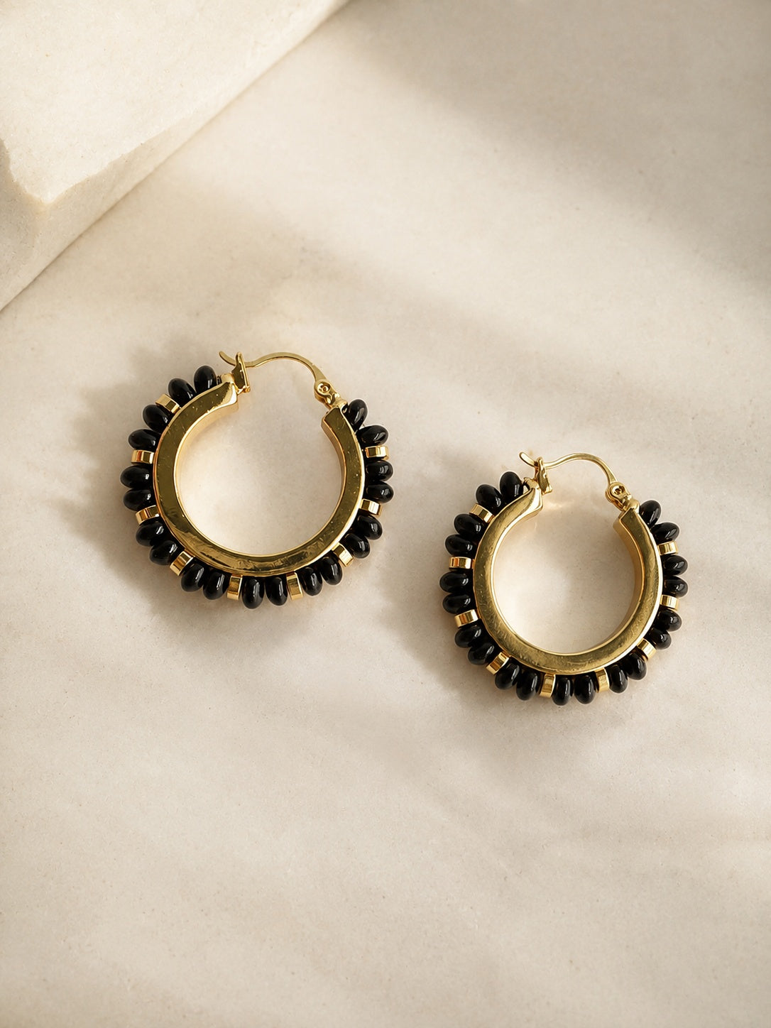 18K gold plated black onyx beaded hoop earrings