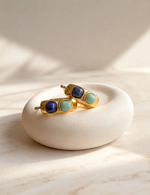 Chunky 14K gold-plated hoop earrings with natural lapis lazuli gemstones.
