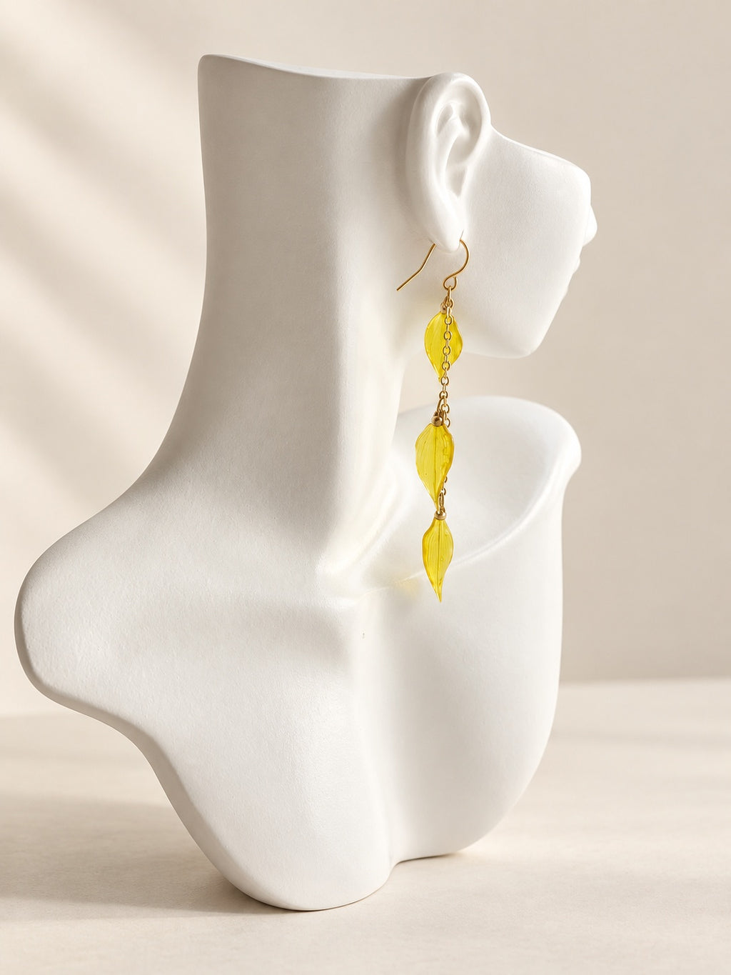 Real leaf long drop earrings in gold