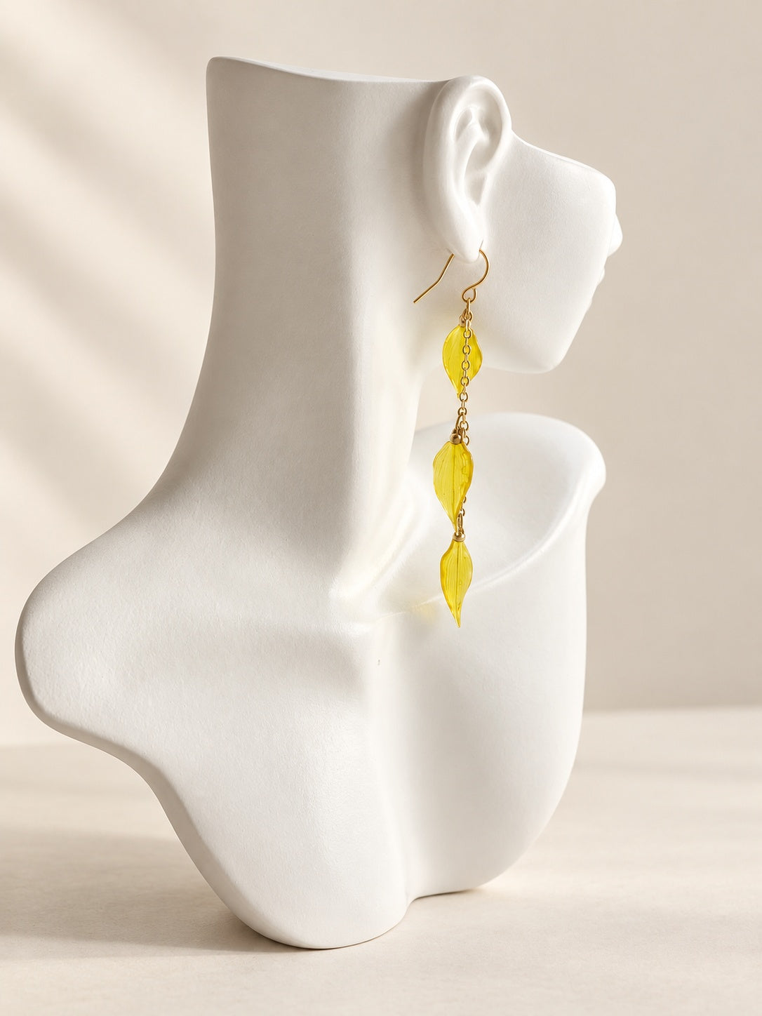 Real leaf long drop earrings in gold