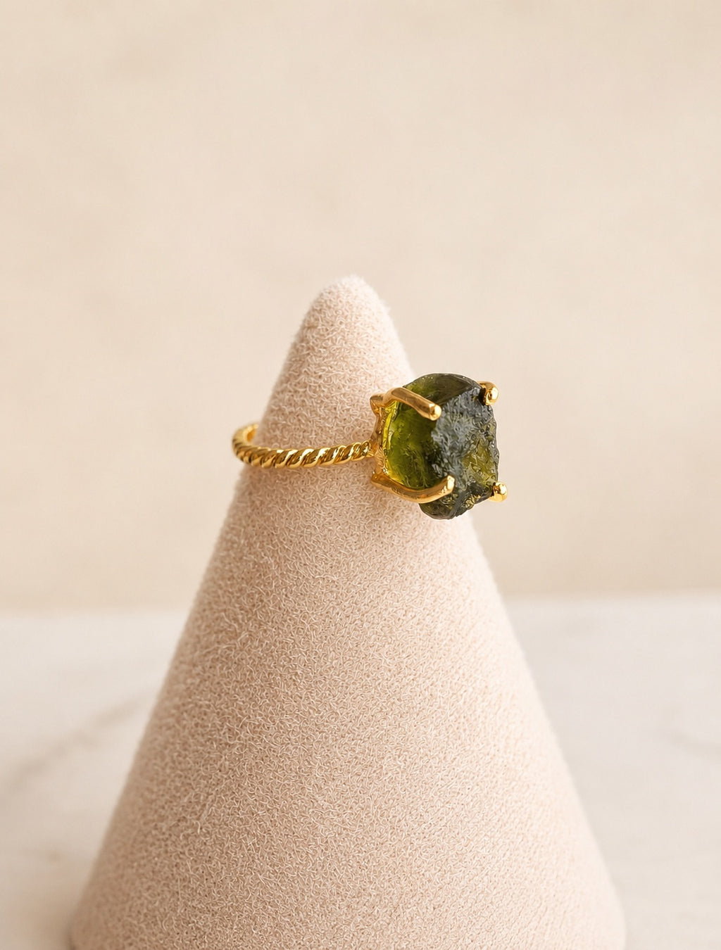 Raw moldavite ring with a genuine natural moldavite gemstone in an adjustable 18K gold-plated setting.