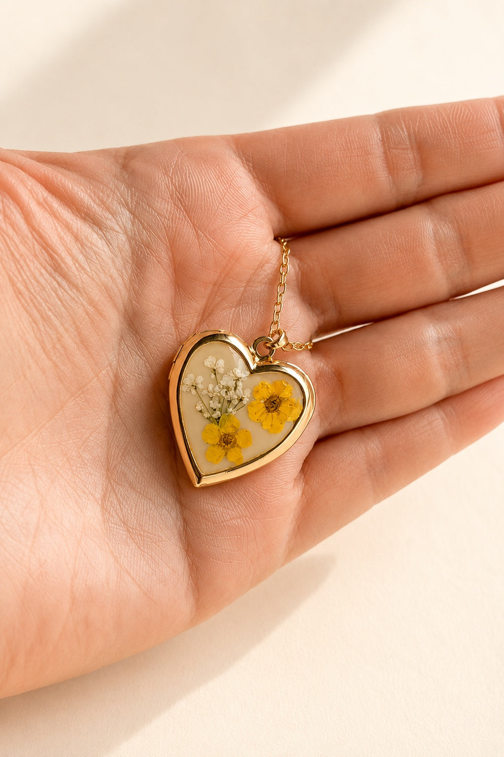 Heart Locket Necklace Pressed Flower 14K Gold Plated Real Flower Gift for Her