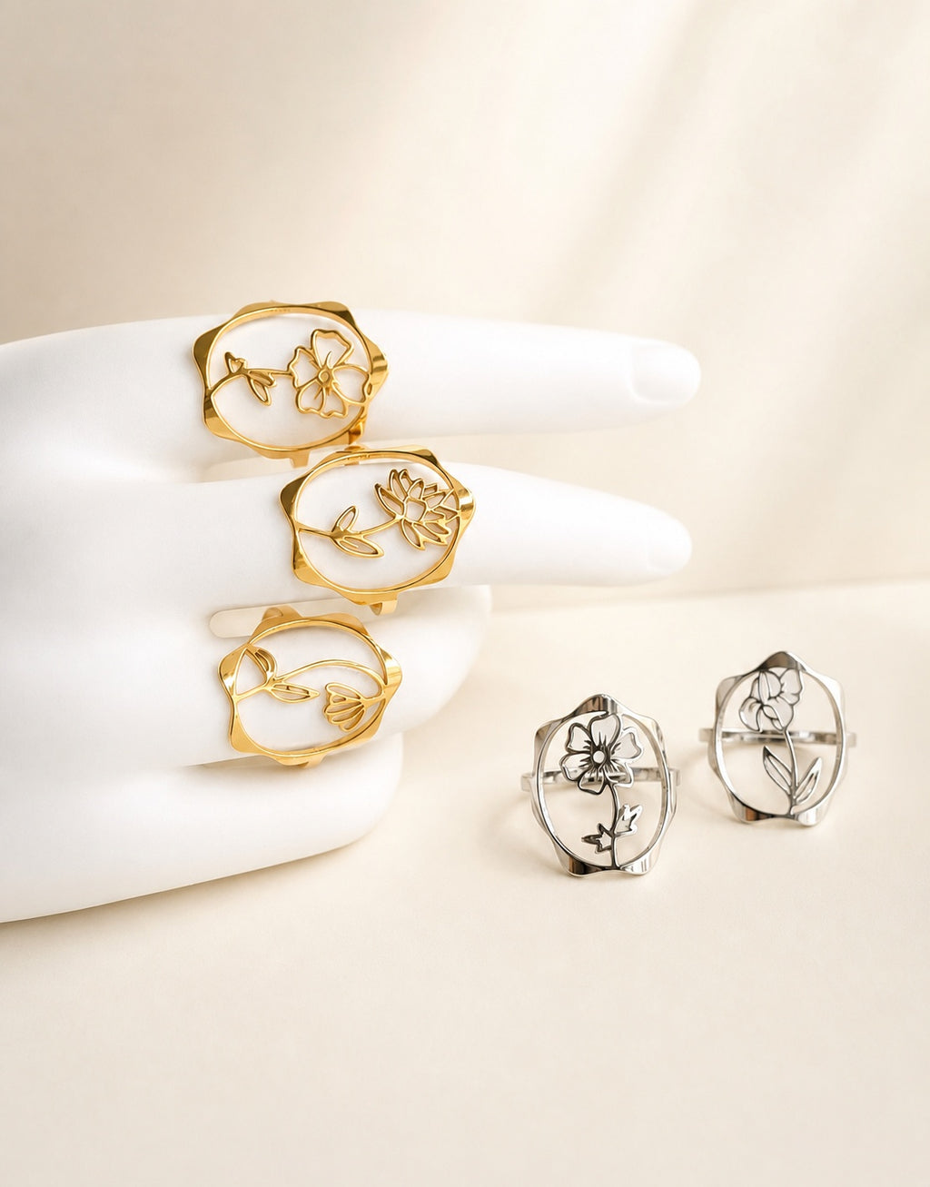 Chunky birth flower ring with 18K gold plating and an adjustable stainless steel band.