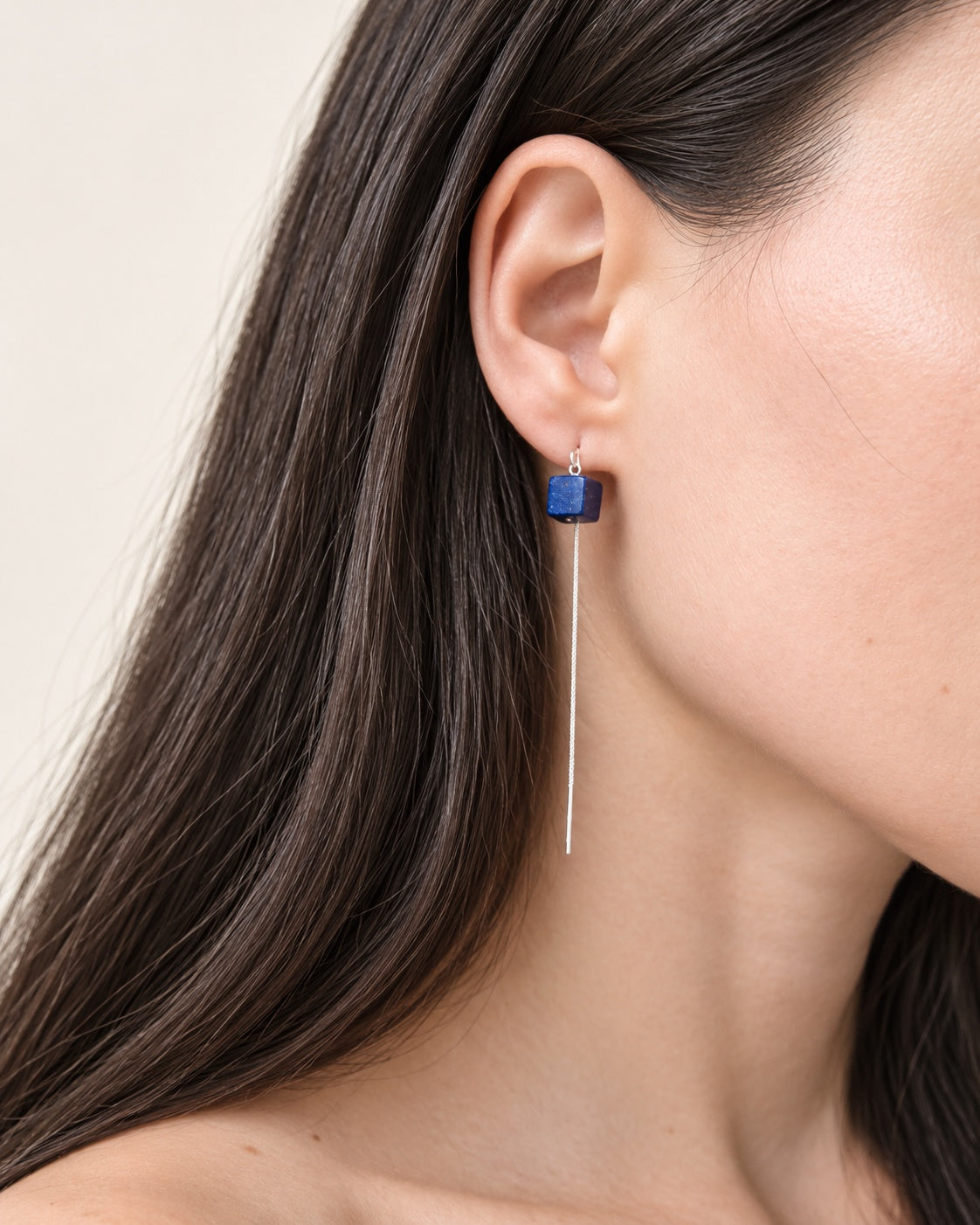 Blue gemstone threader earrings with square lapis lazuli stones