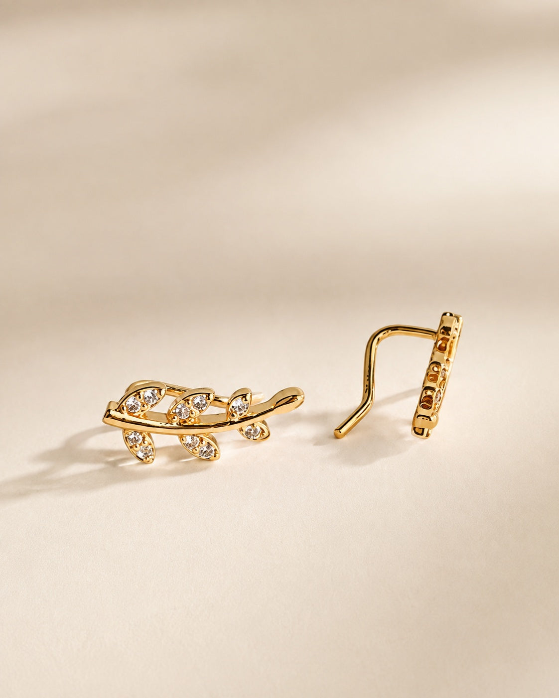 Botanical Ear Climber Earrings 14K Gold Plated Floral Leaf Vine CZ Ear Crawler Gift for Her