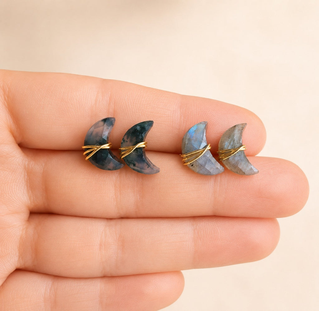 Moon Moss Agate Labradorite earrings with a 14K gold-plated crescent moon design.