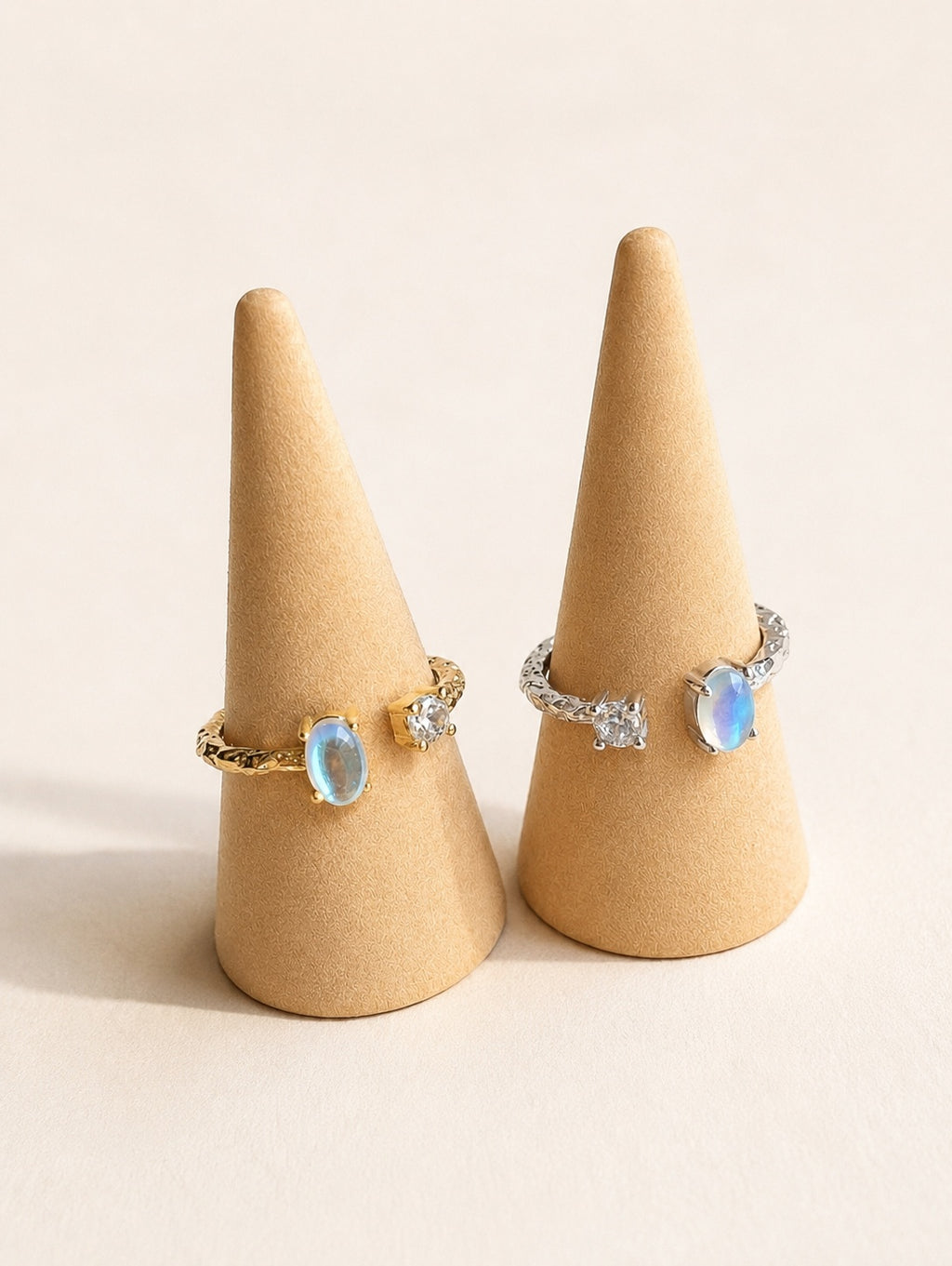 Rainbow moonstone ring with 18K gold plating and a hammered adjustable band.