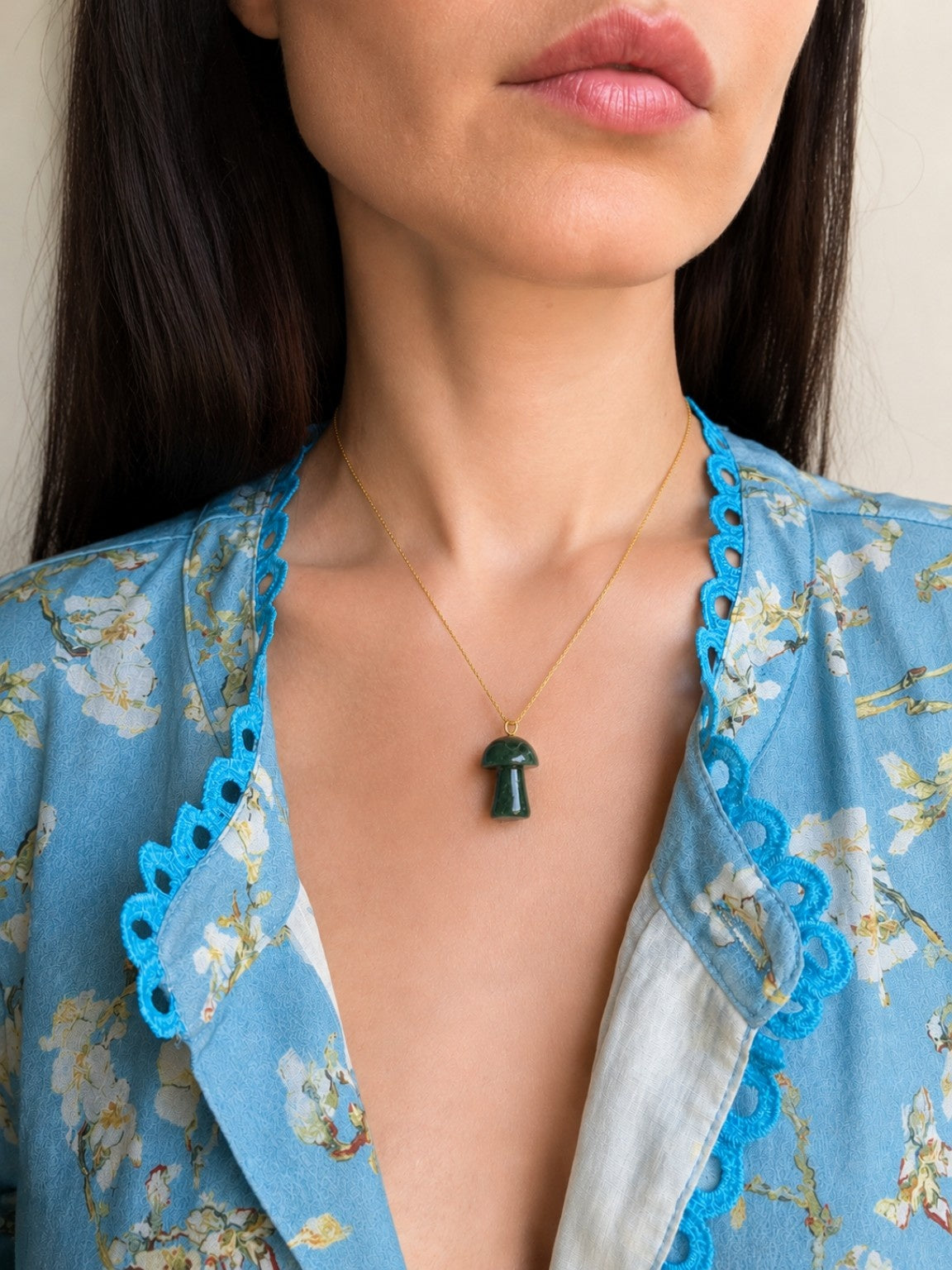Moss Agate mushroom necklace with an 18K gold-plated chain.
