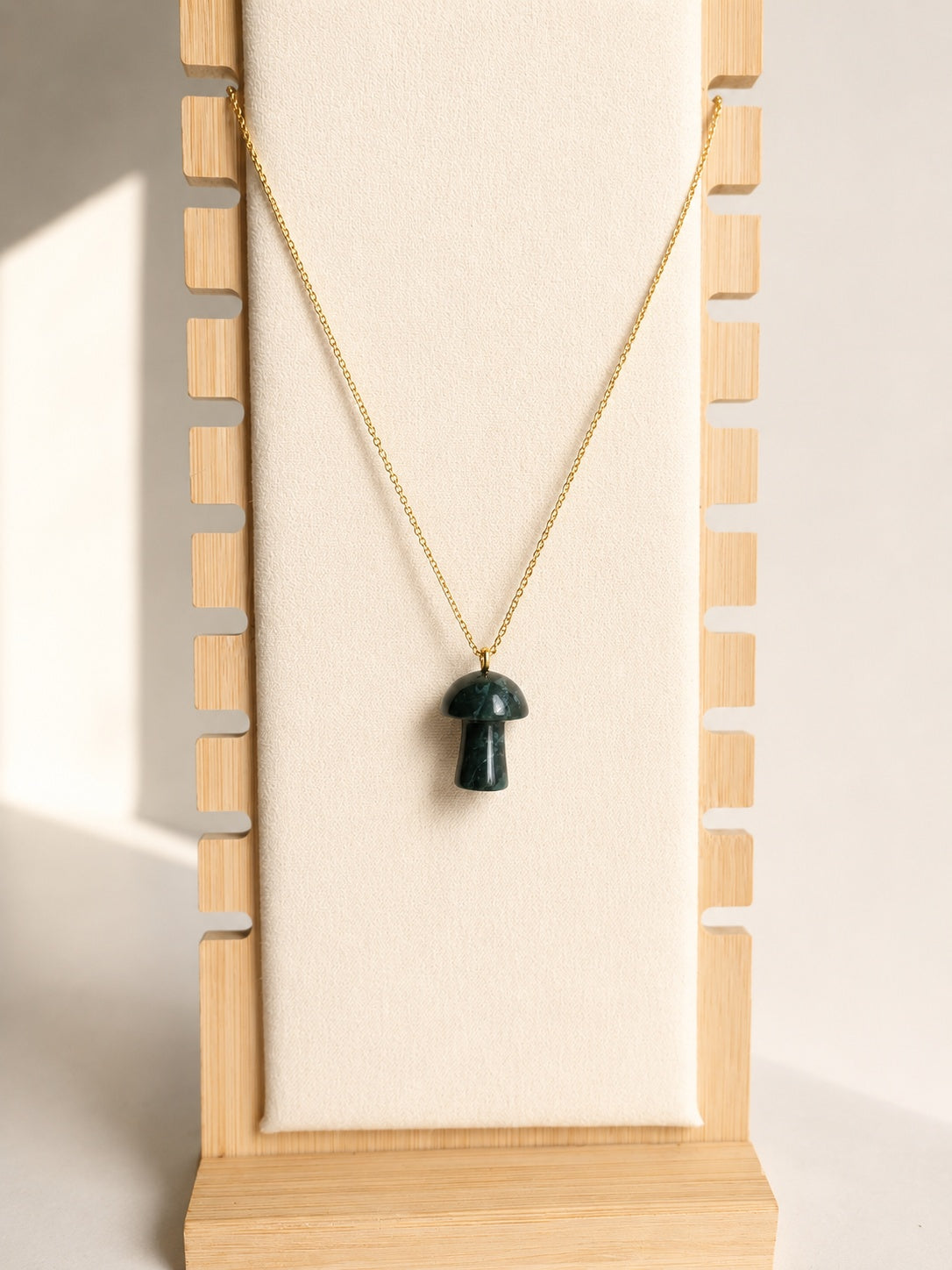 Natural Moss Agate mushroom necklace with a stainless steel chain.