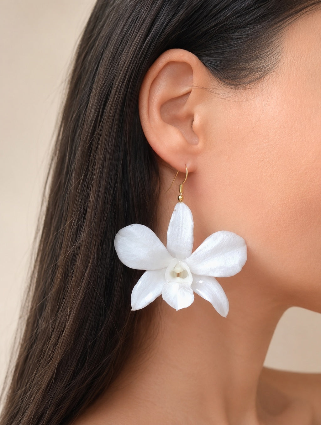 Real orchid earrings featuring genuine preserved orchid flowers with 14K gold-plated hooks.