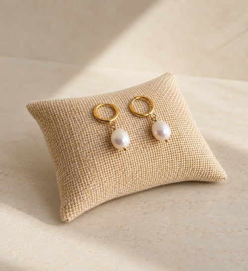Baroque real pearl drop earrings with 14K gold-plated hoop earrings.
