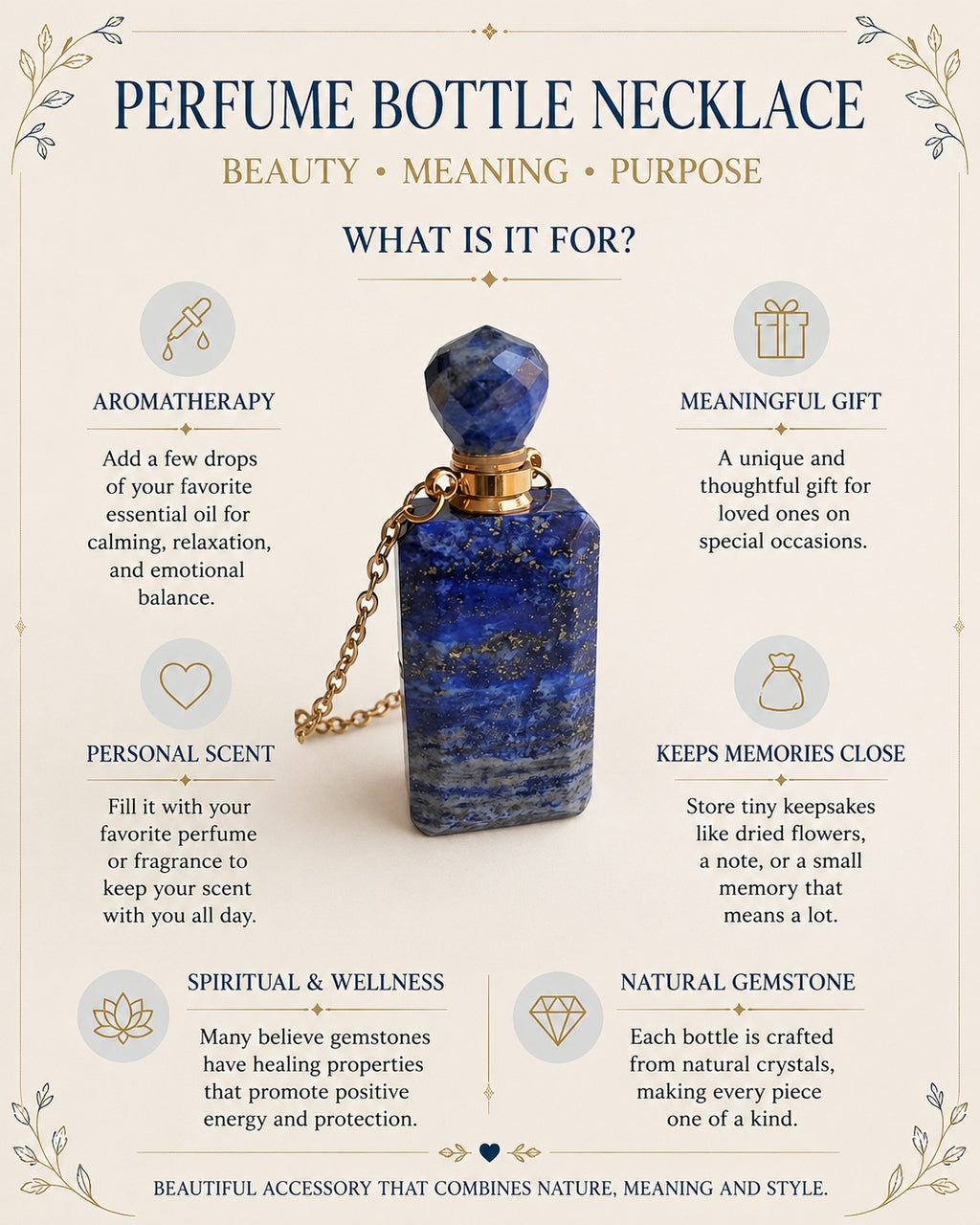 An infographic poster about a perfume bottle necklace made of blue lapis lazuli, featuring a central photo of the necklace and surrounding text detailing its benefits for aromatherapy, personal scent, spiritual wellness, and keeping memories close.
