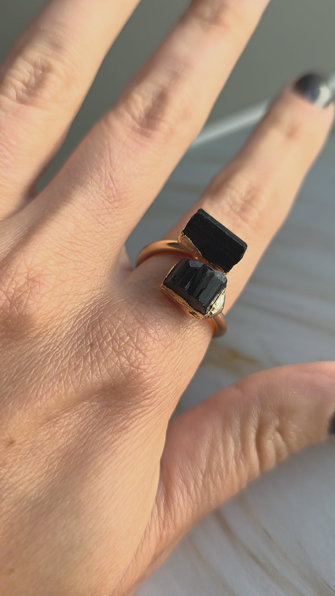 Bold 14K gold-plated ring featuring a genuine black tourmaline gemstone.