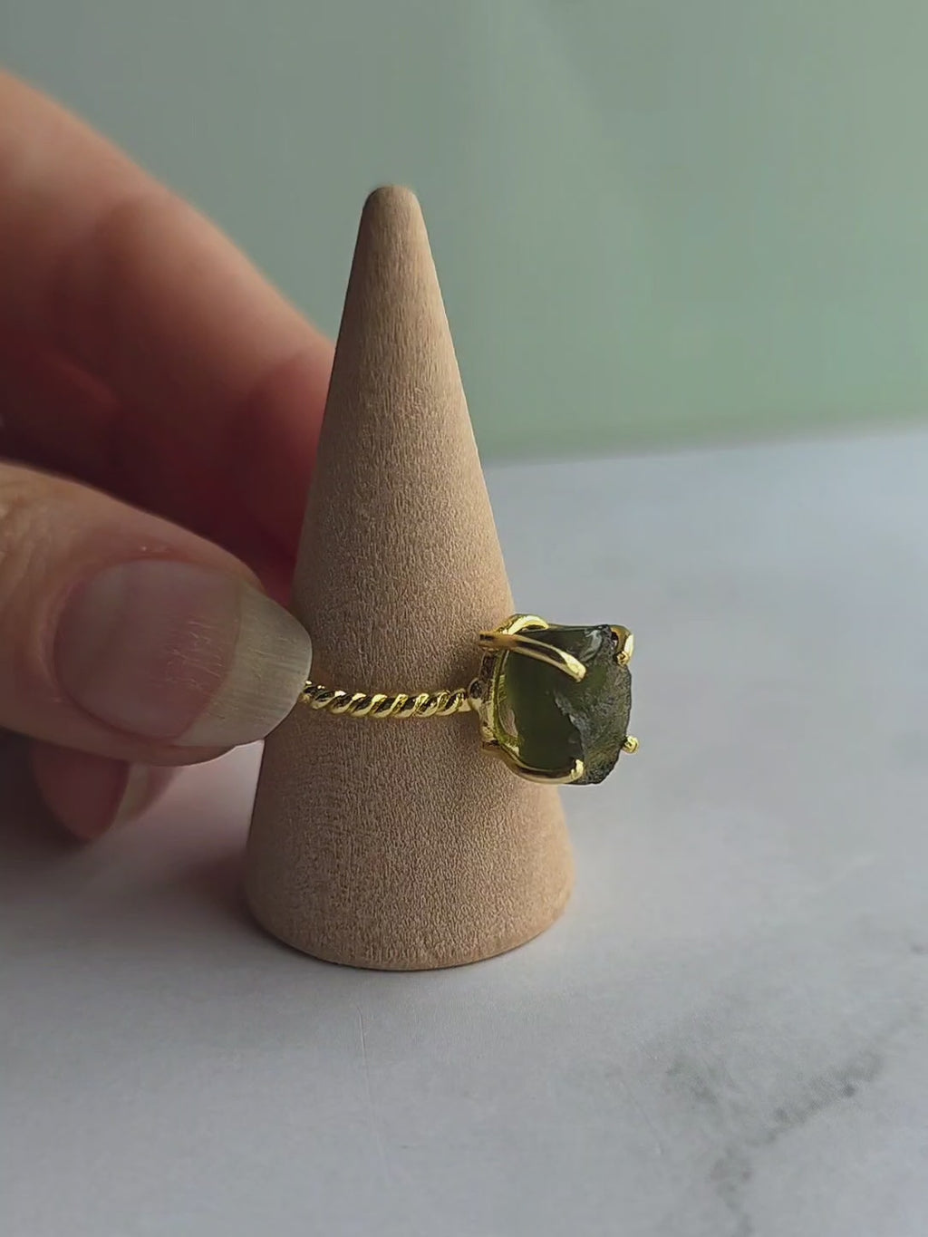 Elegant genuine moldavite ring in an adjustable 18K gold-plated setting, perfect for everyday wear and meaningful gifts.