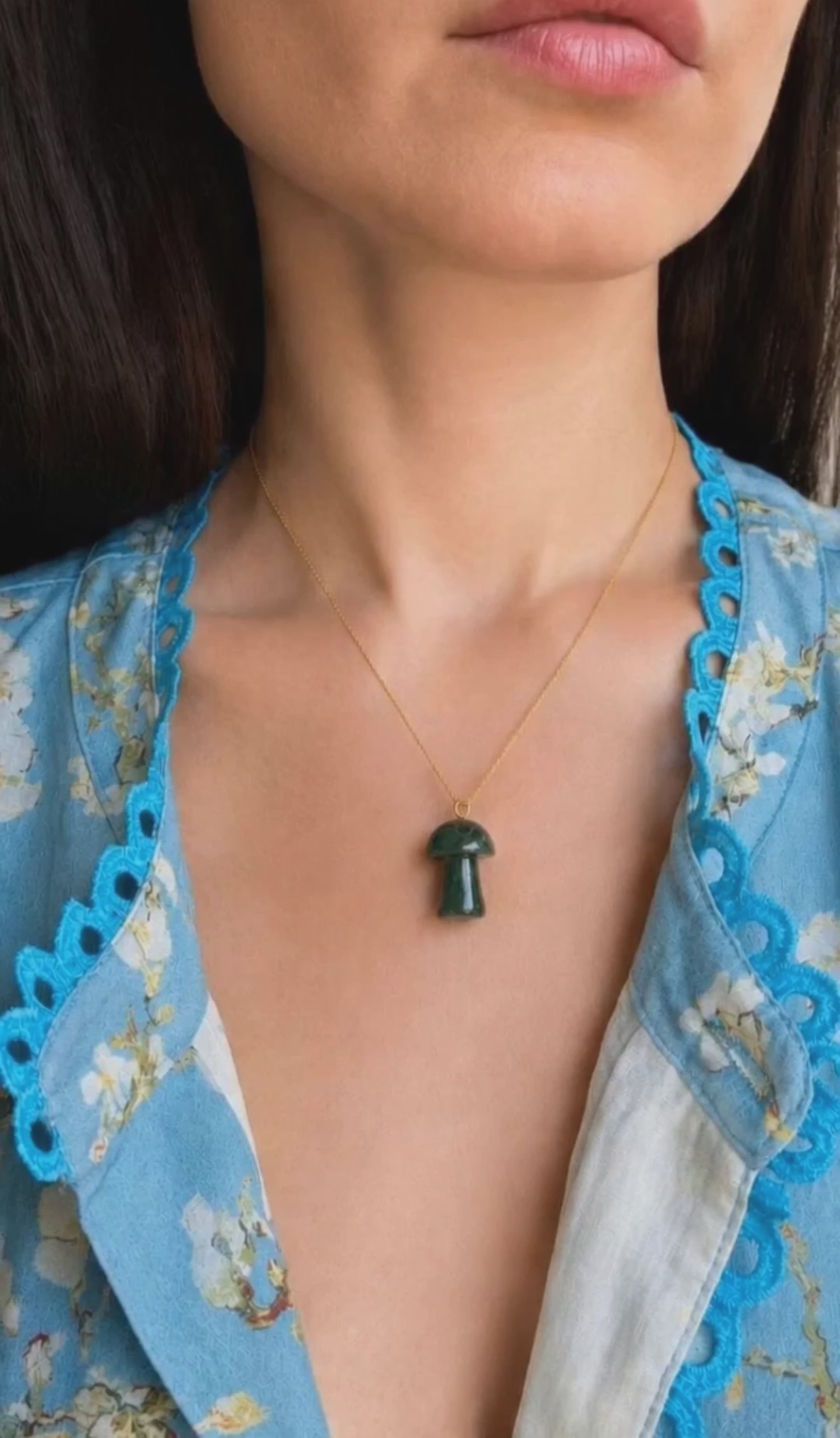 Carved Moss Agate mushroom pendant necklace for nature lovers.