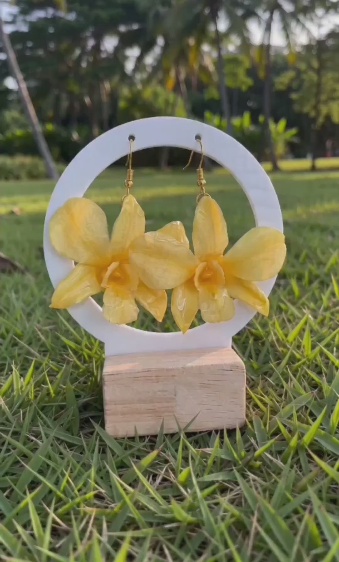 14K gold-plated orchid flower earrings for weddings and special occasions.