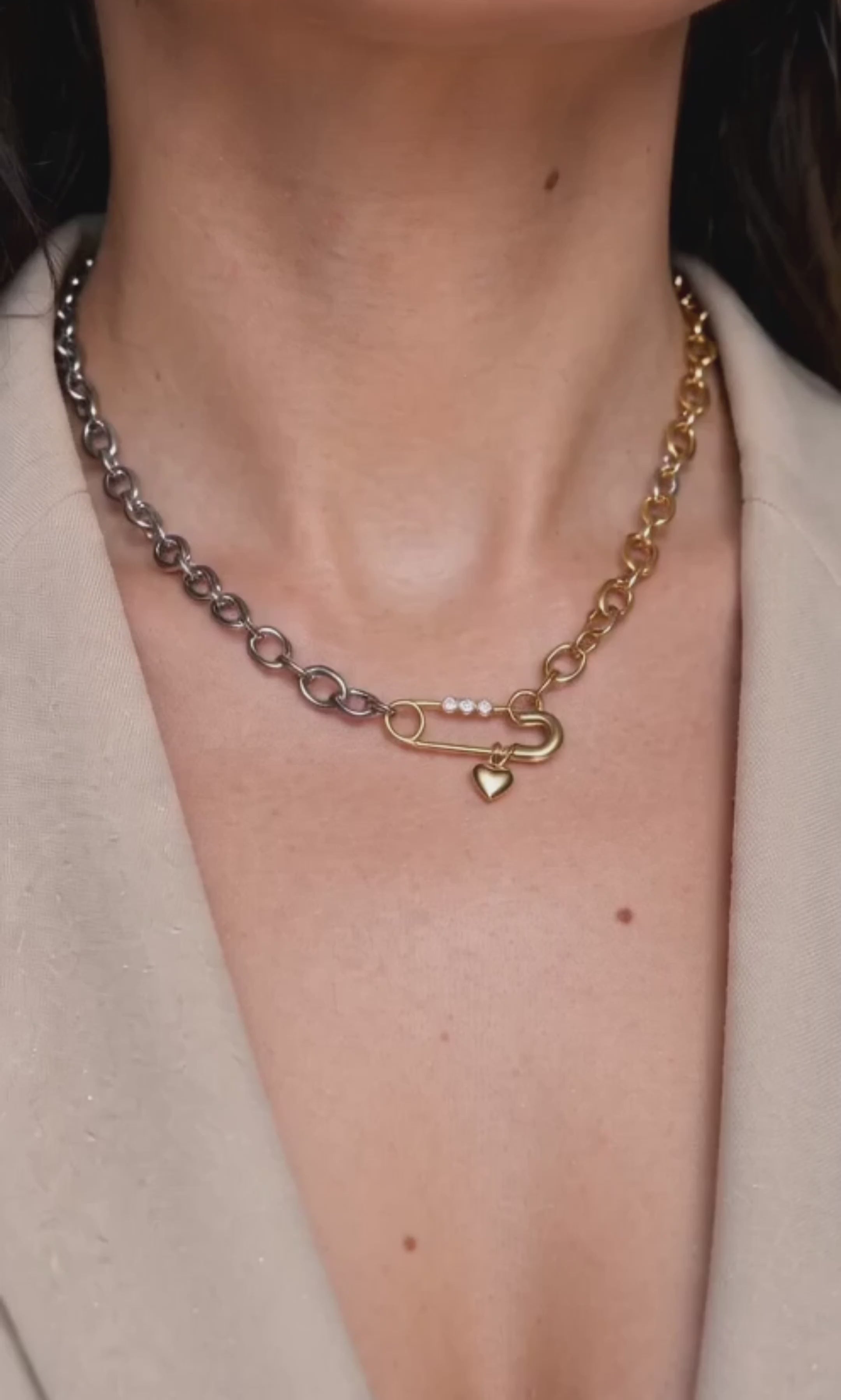 18K gold-plated safety pin necklace and bracelet matching set.