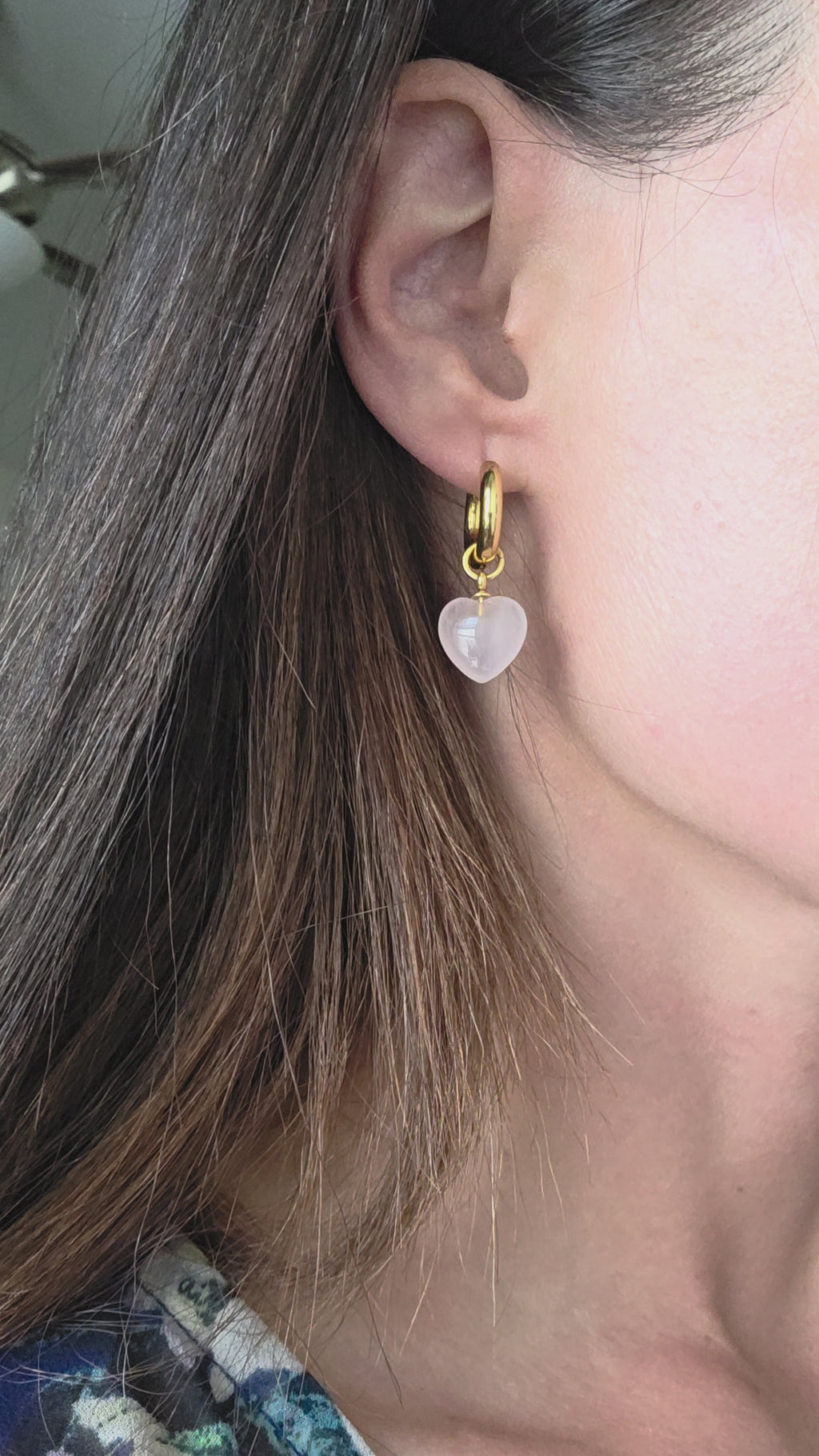 Delicate rose quartz heart hoop earrings perfect for Valentine's Day and anniversaries.
