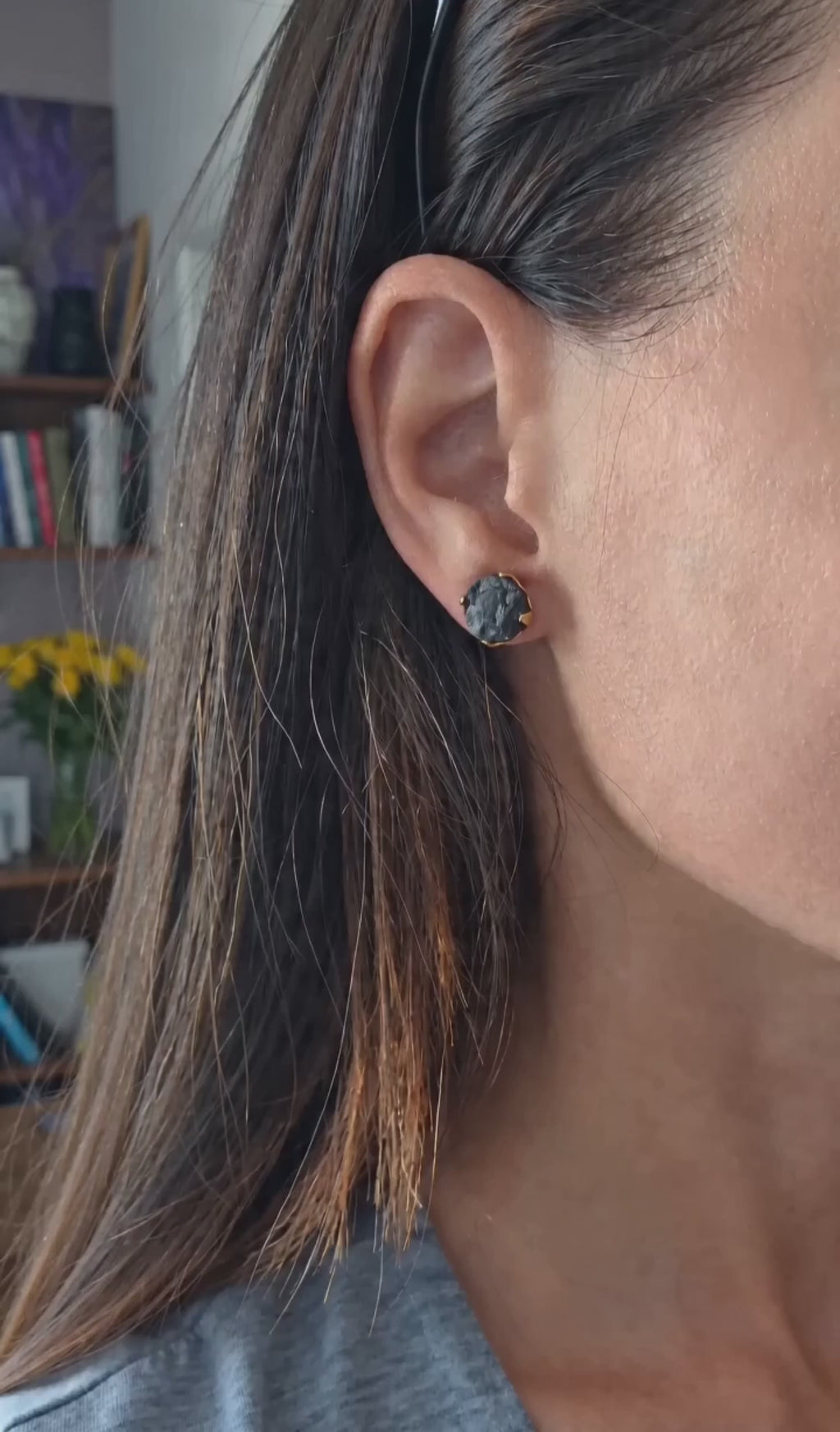 Black Tourmaline Earrings 18K Gold Plated Healing Protection Stud Earrings Raw Crystal Gift for Her