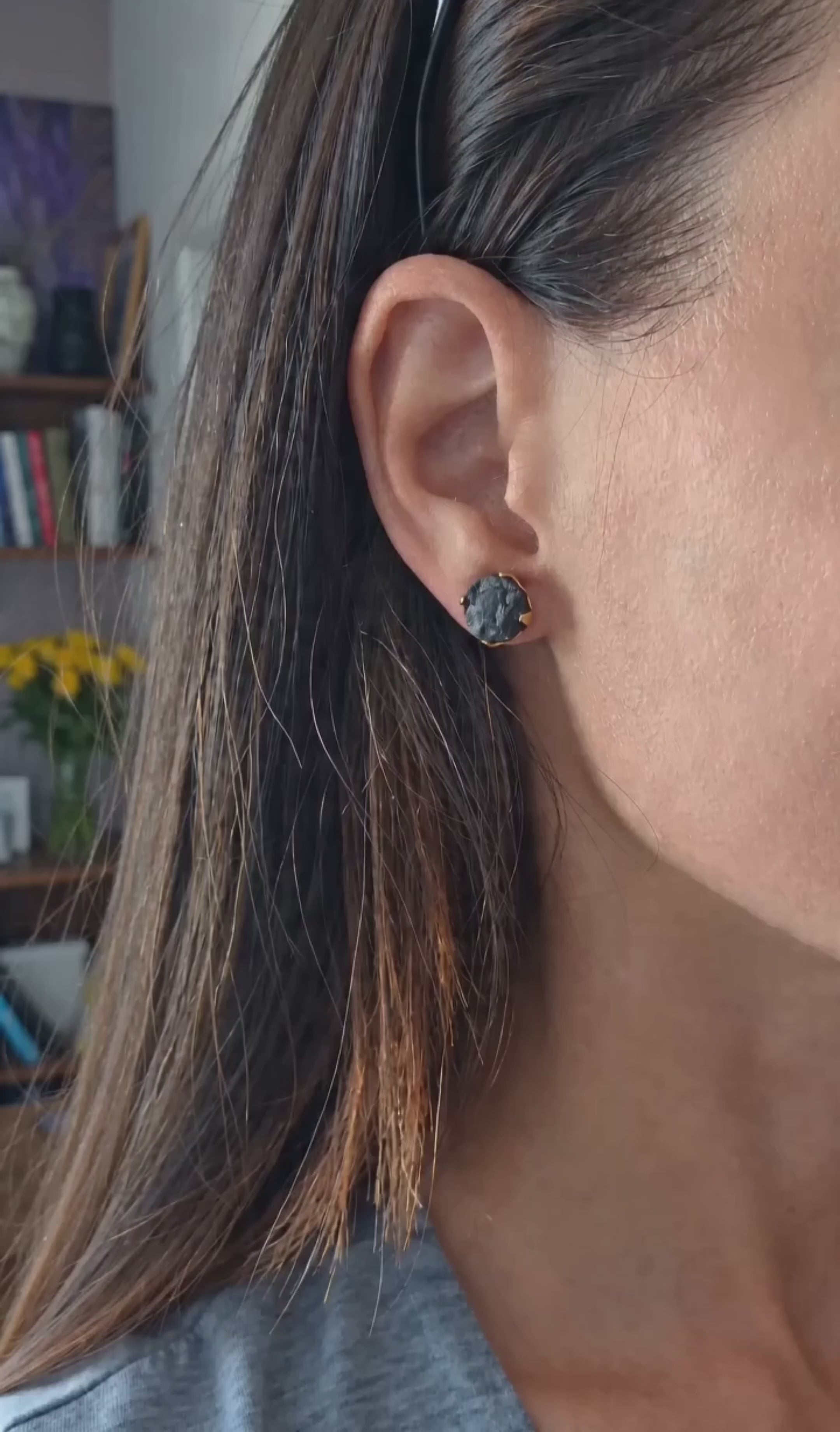 Black Tourmaline Earrings 18K Gold Plated Healing Protection Stud Earrings Raw Crystal Gift for Her